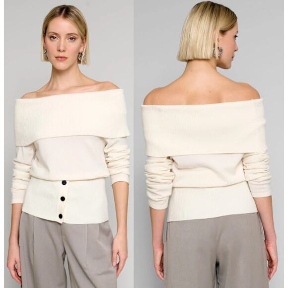 NWT Pixie Market Louise Cashmere Blend Off The Shoulder Knit Sweater Cream Large - Picture 1 of 5